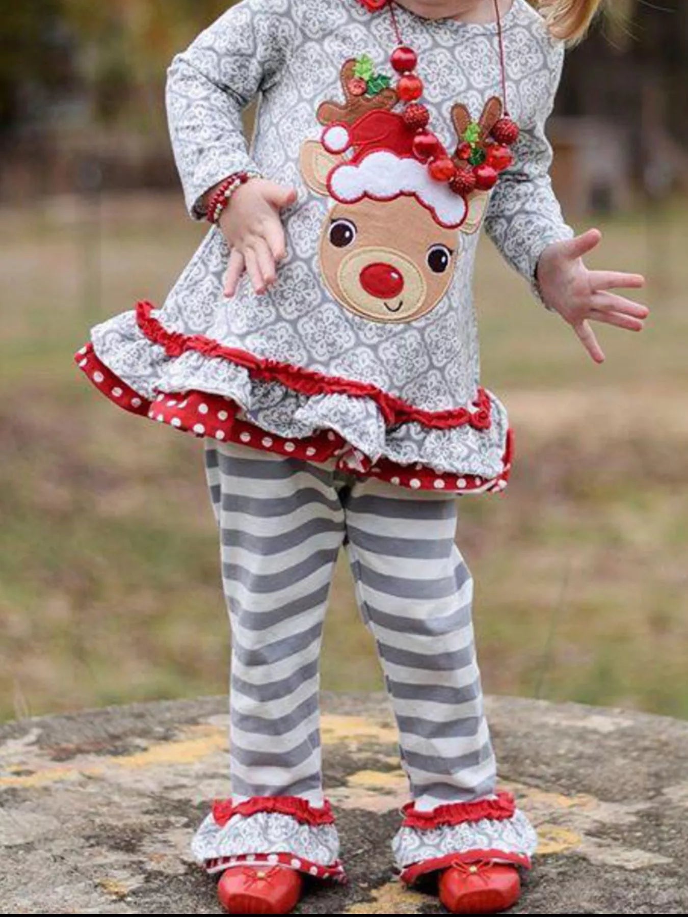 Children's Christmas Reindeer Ruffle Trim Outfit Set