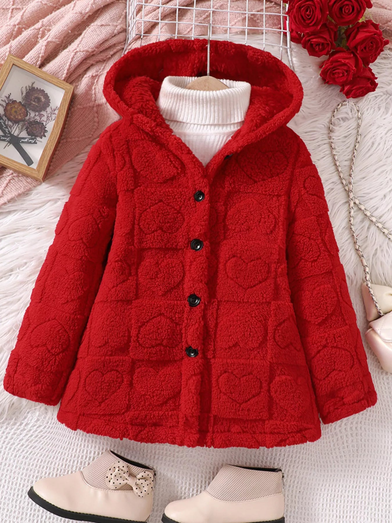 Children's Cozy Heart-Patterned Fleece Hooded Jacket