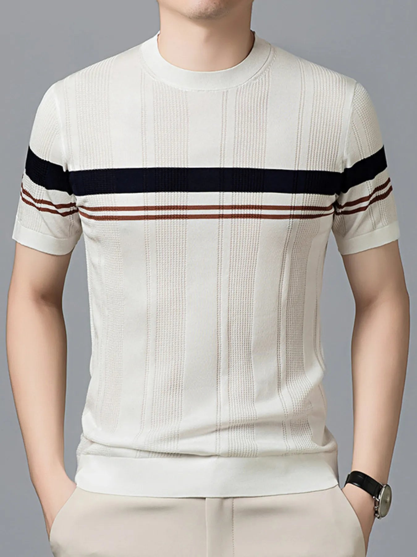 Men's Striped Round Neck Short Sleeve T-Shirt Plus Sizes Available