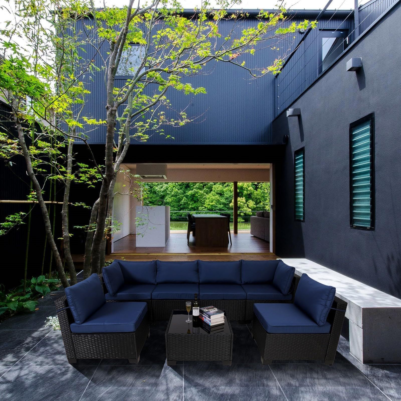 7 Pieces Outdoor Rattan Patio Sectional Set, Black Wicker Furniture Conversation Sets With Washable Cushions & Glass Coffee Table For Garden, Poolside, Backyard