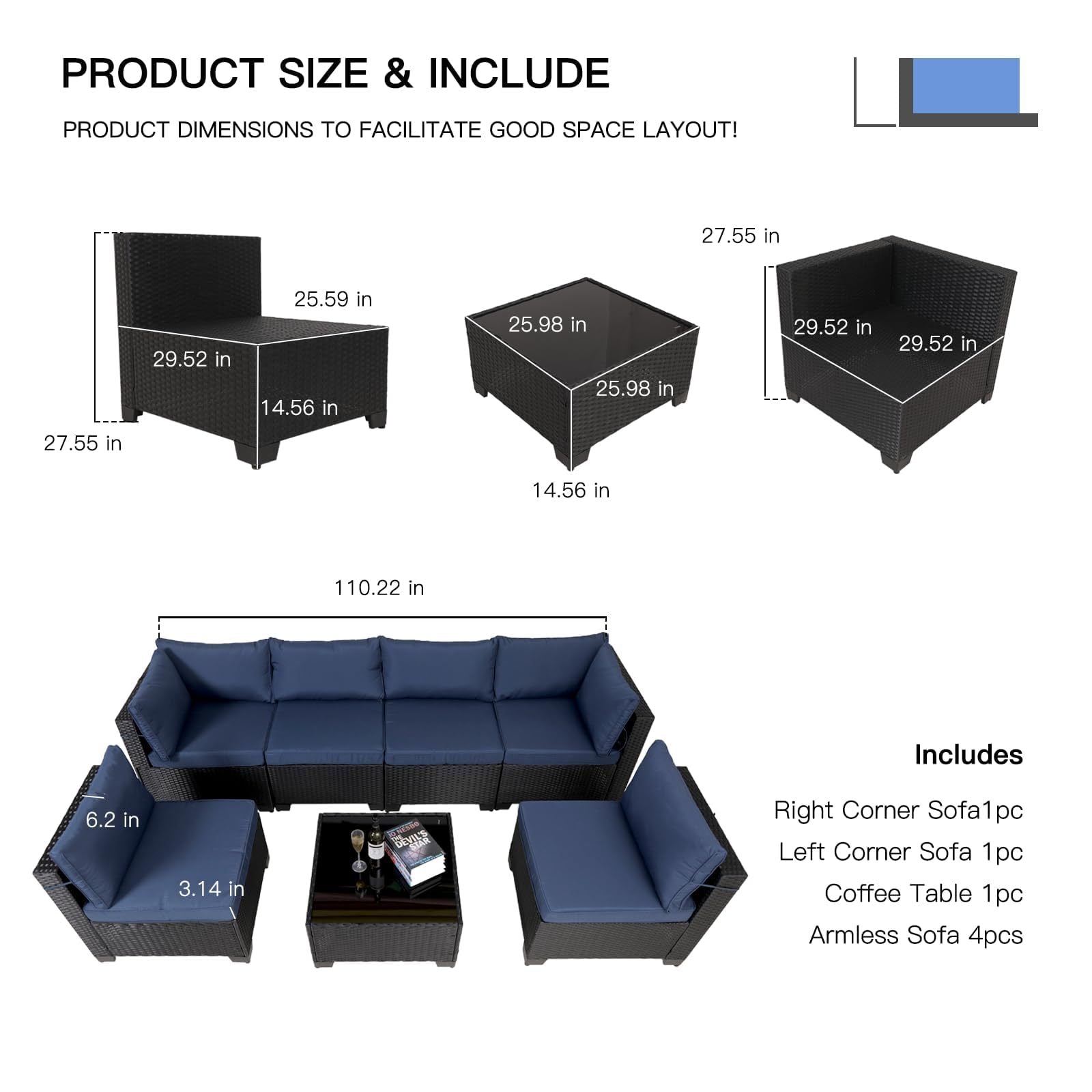 7 Pieces Outdoor Rattan Patio Sectional Set, Black Wicker Furniture Conversation Sets With Washable Cushions & Glass Coffee Table For Garden, Poolside, Backyard