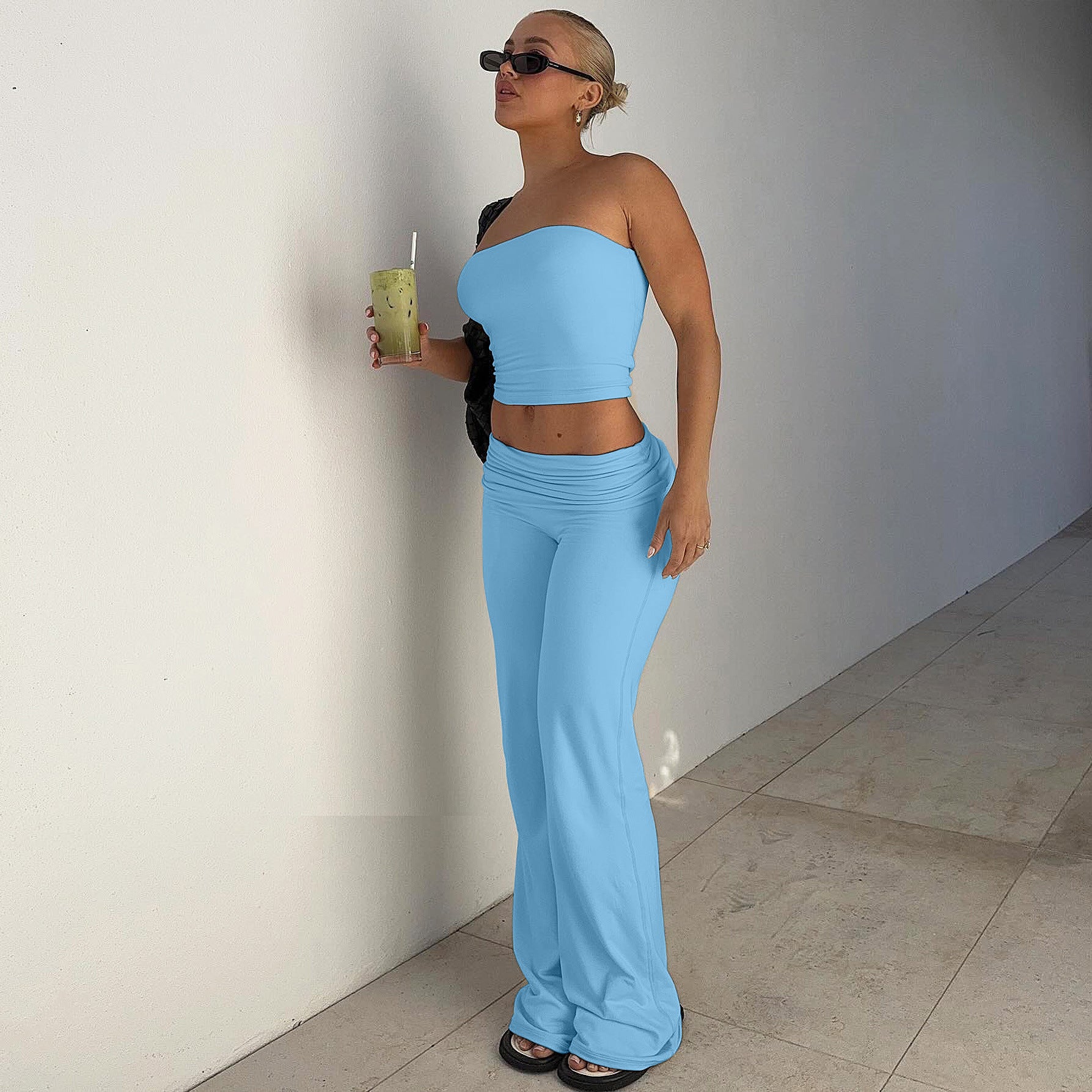 New Pure Color Tube-top Top Flared Pants Fashion Slim Suit