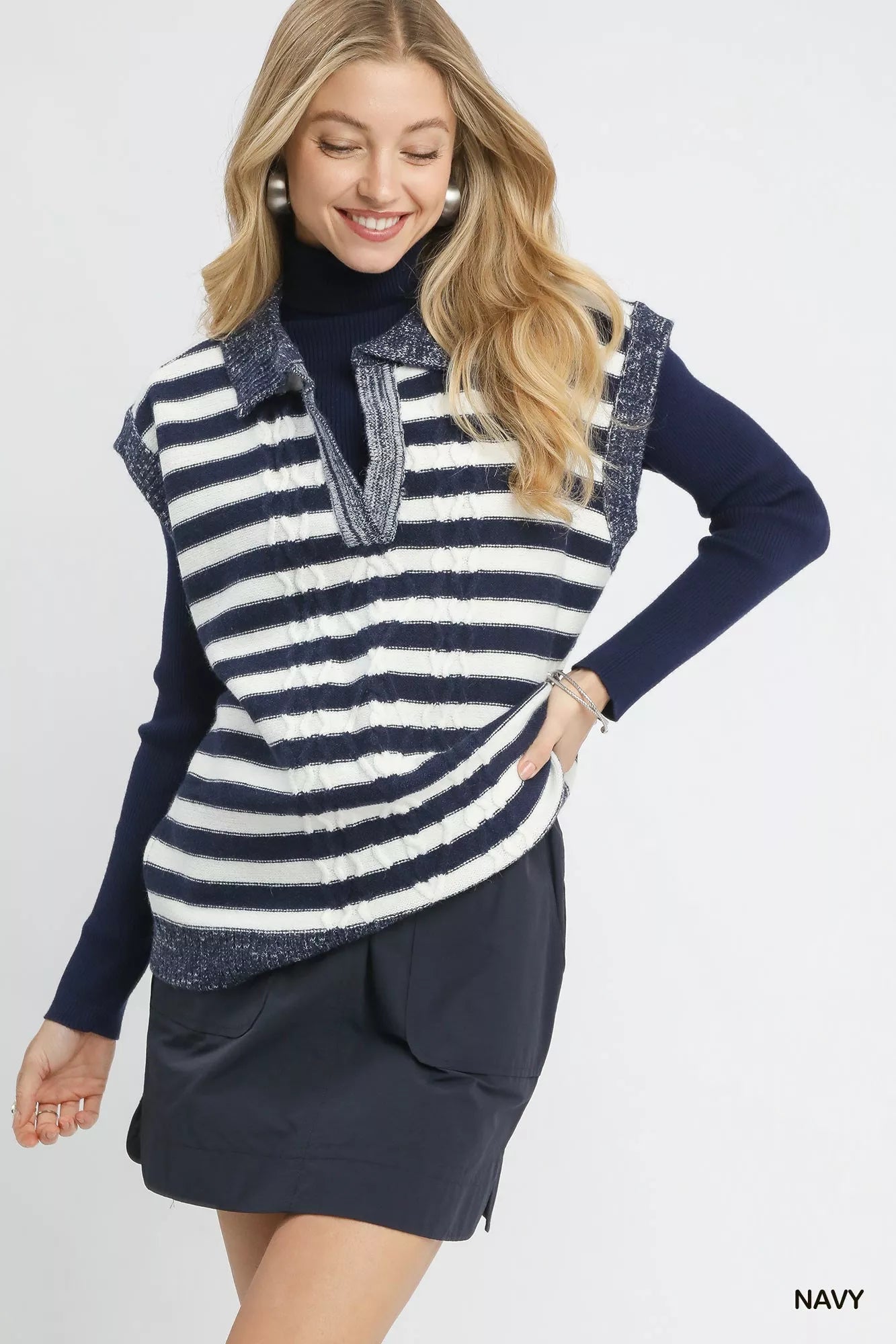 Umgee Cable Knit Collared Striped Vest Sweater