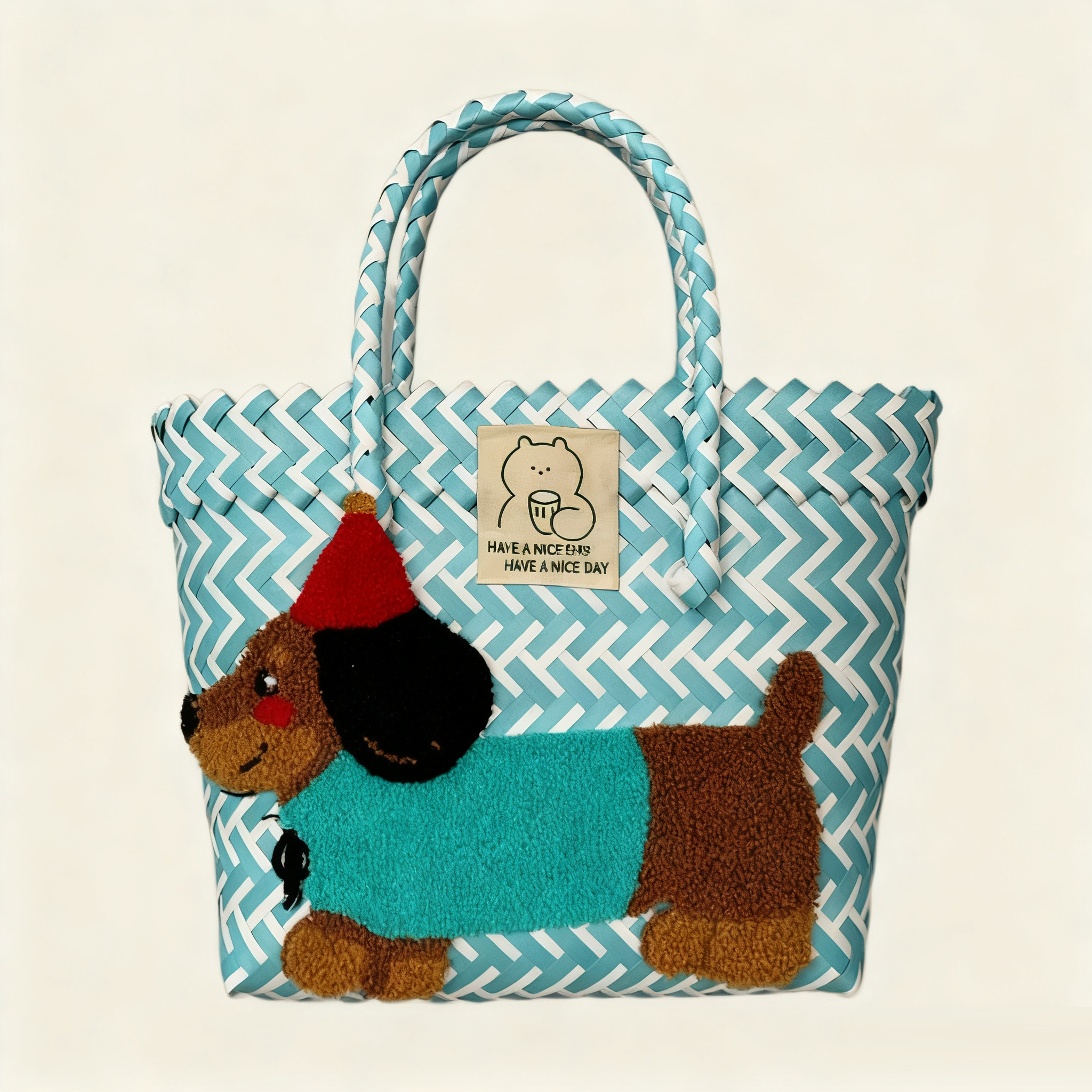 Large capacity sausage dog hand woven cabbage basket rattan woven handbag office miscellaneous carry bag picnic women's bag