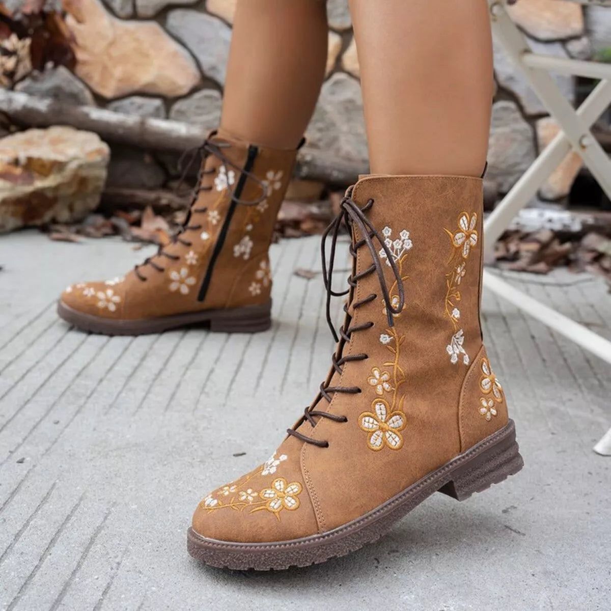 Round Toe Block Heels Boots With Floral Design Many Color And Size Options Available
