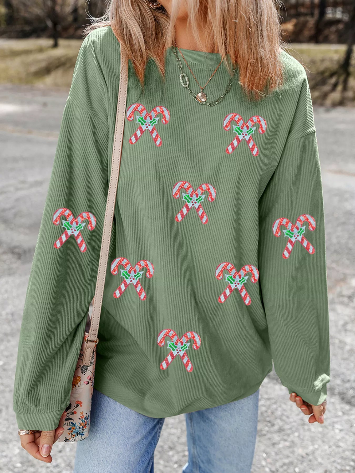 Candy Cane Shimmer Patched Corded Baggy Sweatshirt