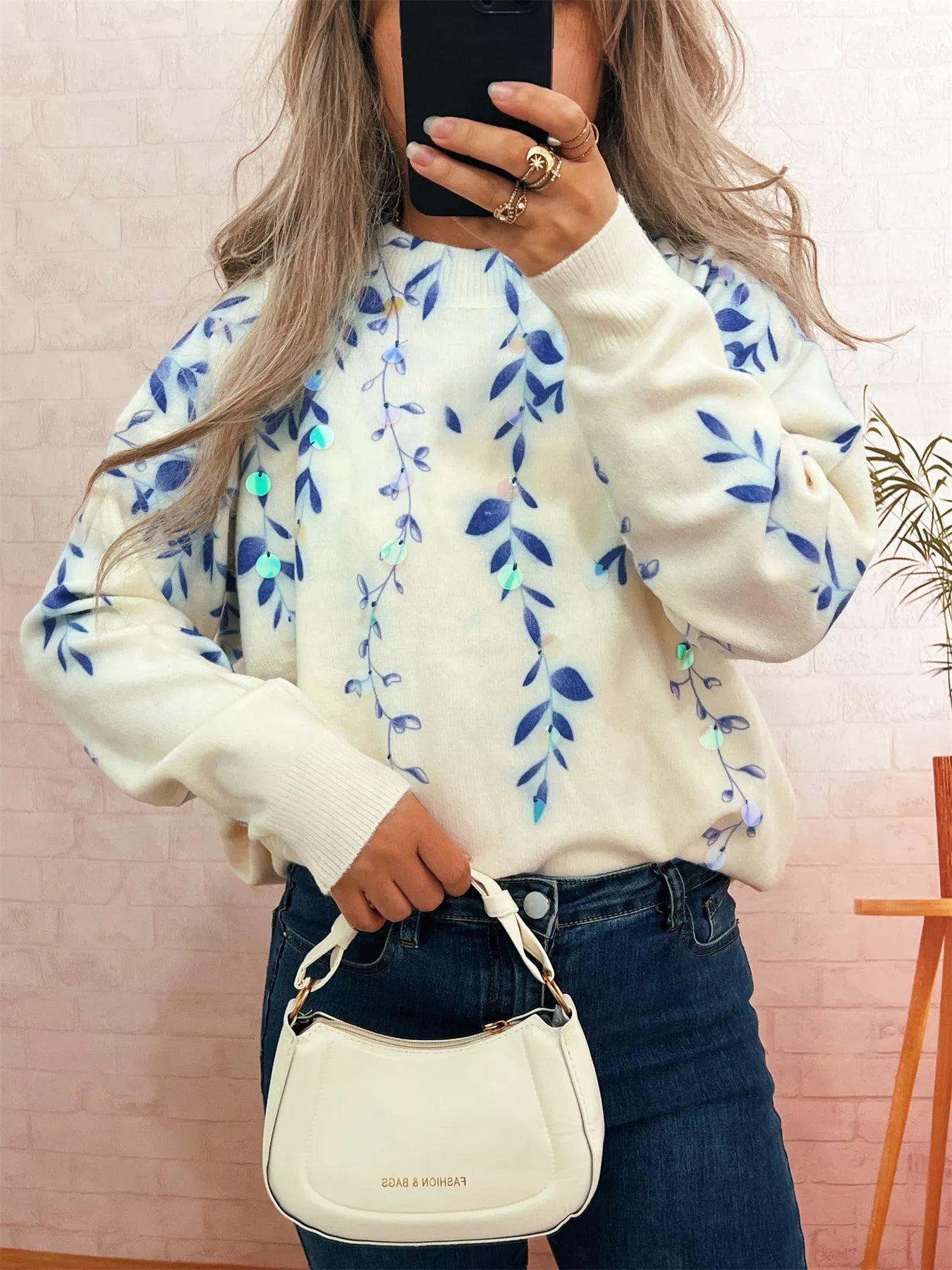Sequin Crew Neck Long Sleeve Sweater