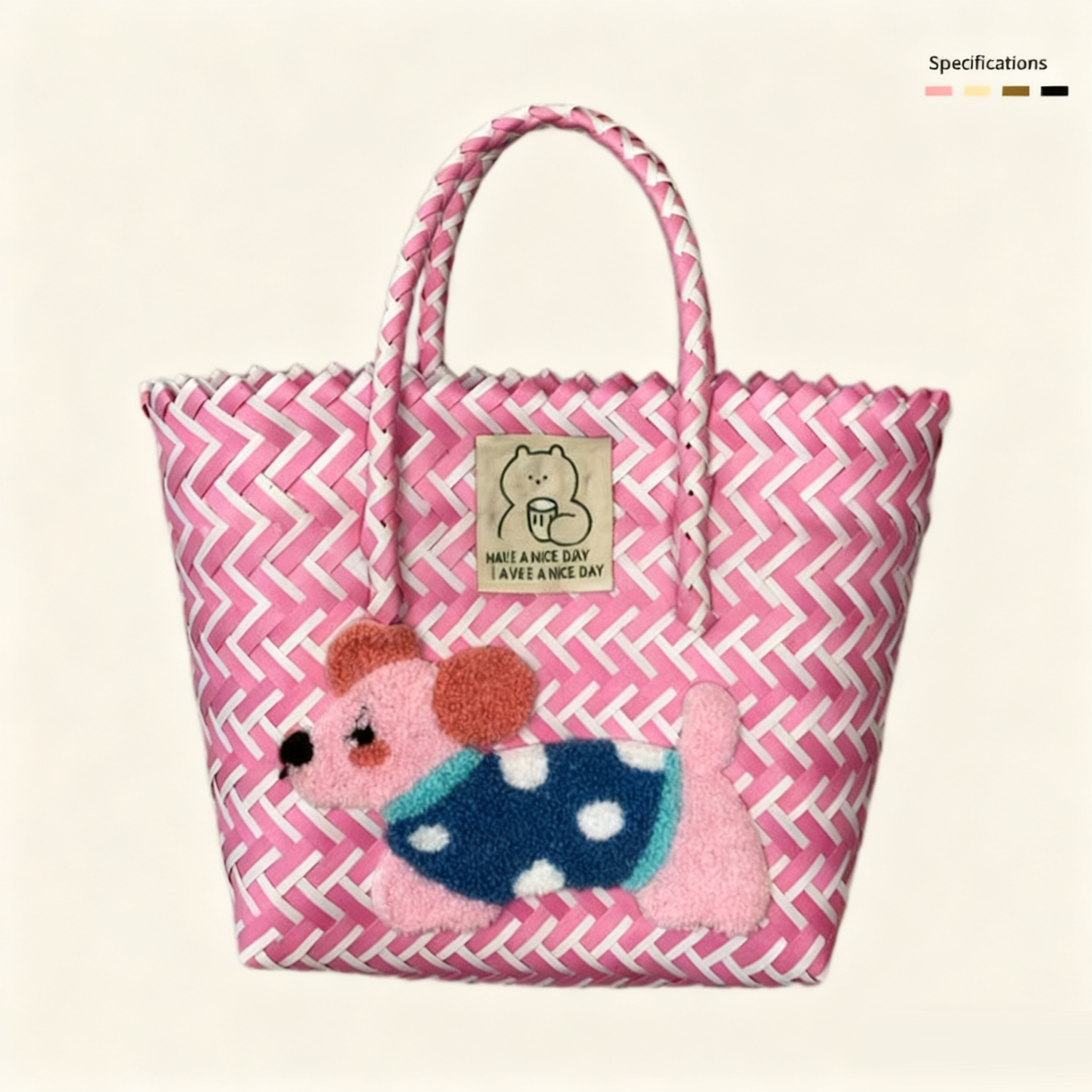 Large capacity sausage dog hand woven cabbage basket rattan woven handbag office miscellaneous carry bag picnic women's bag