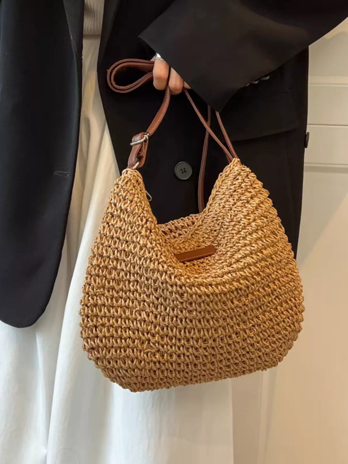 Woven Straw Adjustable Strap Crossbody Bag