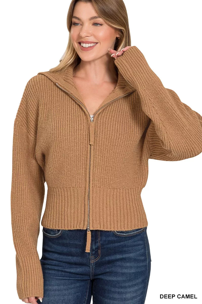 Zenana Ribbed Collared Zip Up Sweater Cardigan