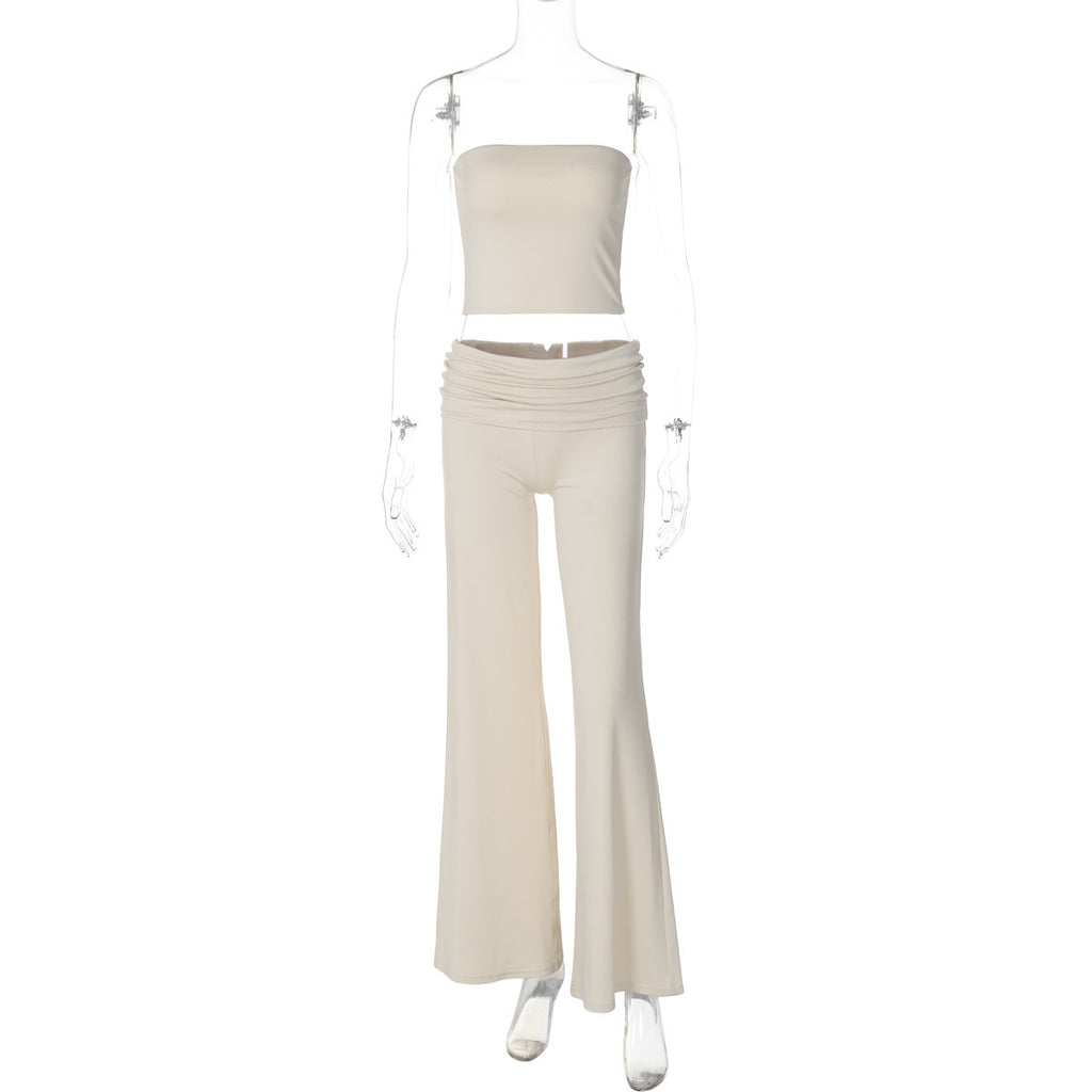 New Pure Color Tube-top Top Flared Pants Fashion Slim Suit