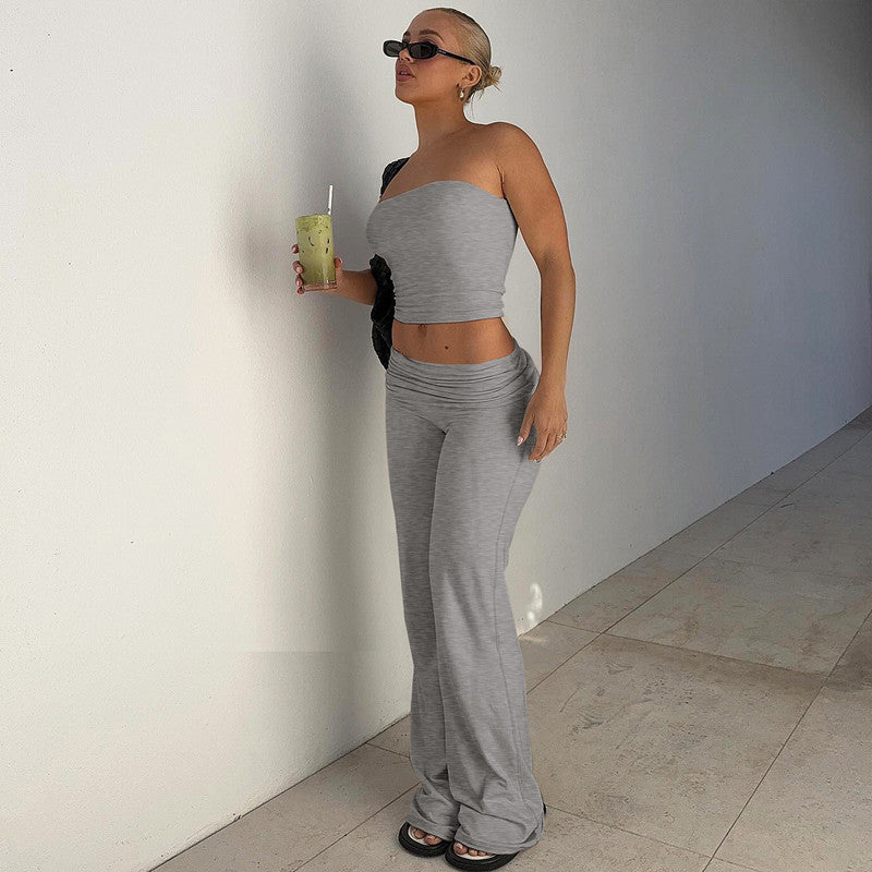 New Pure Color Tube-top Top Flared Pants Fashion Slim Suit